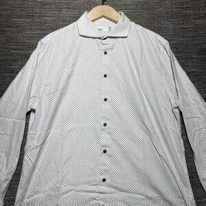 Nordstrom Rack Shirt Men's 17 White Blue Geometric Dir Sleeve Button Up Trim Fit